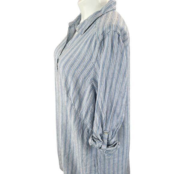J Jill Love Linen 3X Blue Stripe Roll Tab Sleeve Midi 100% Linen Dress w/Pockets - Picture 2 of 6